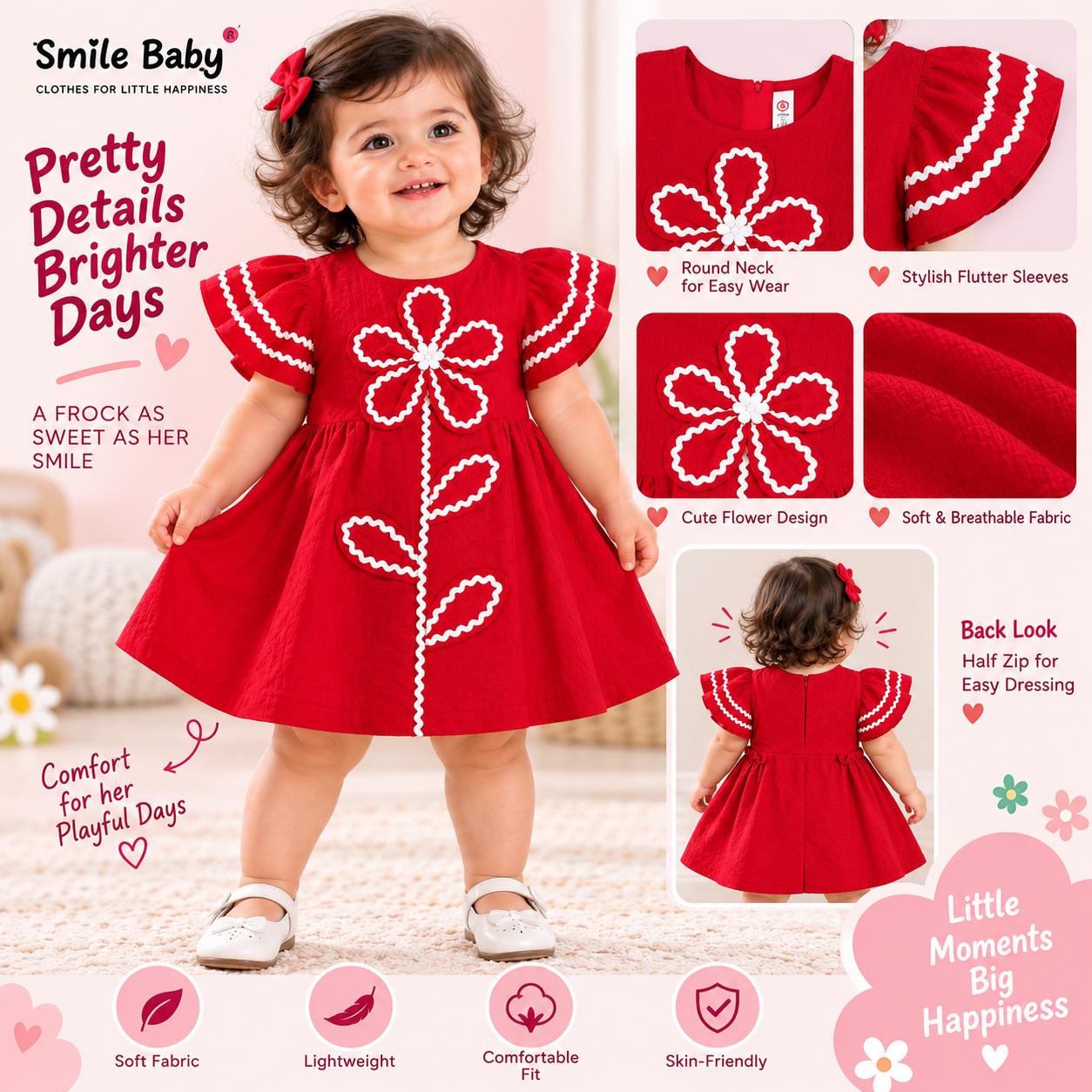 JUST TOTS girls red floral frock featuring flutter sleeves, flower detailing, comfortable fit and back zipper, product infographic