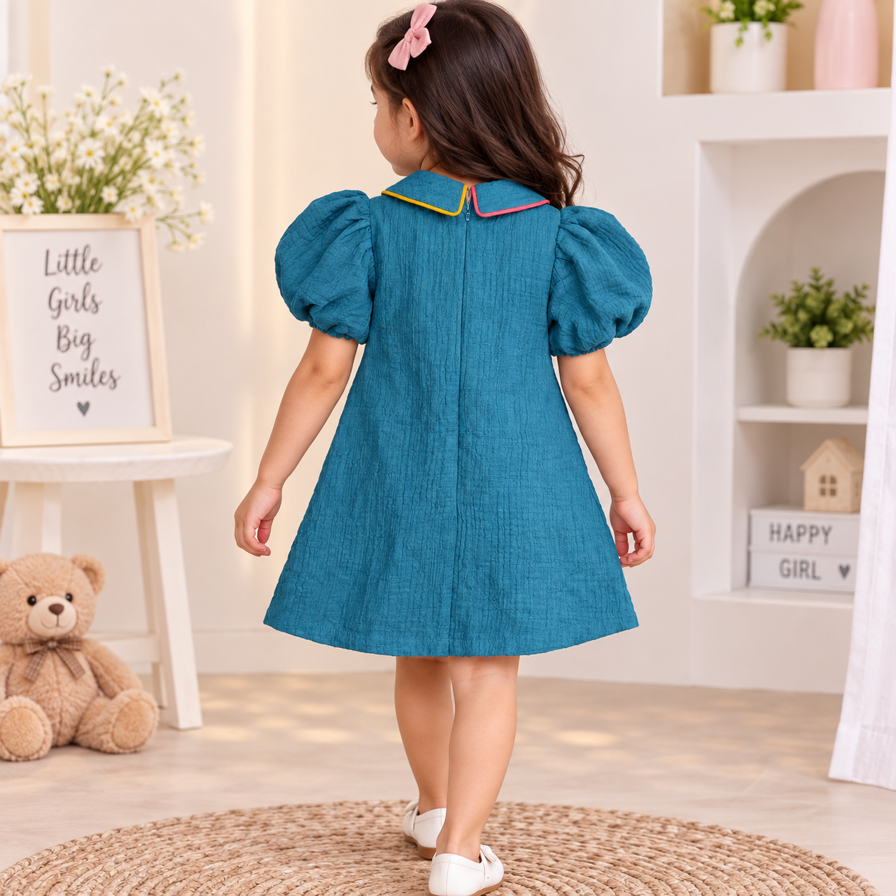 Just Tots girls blue frock back view with puff sleeves and back zipper