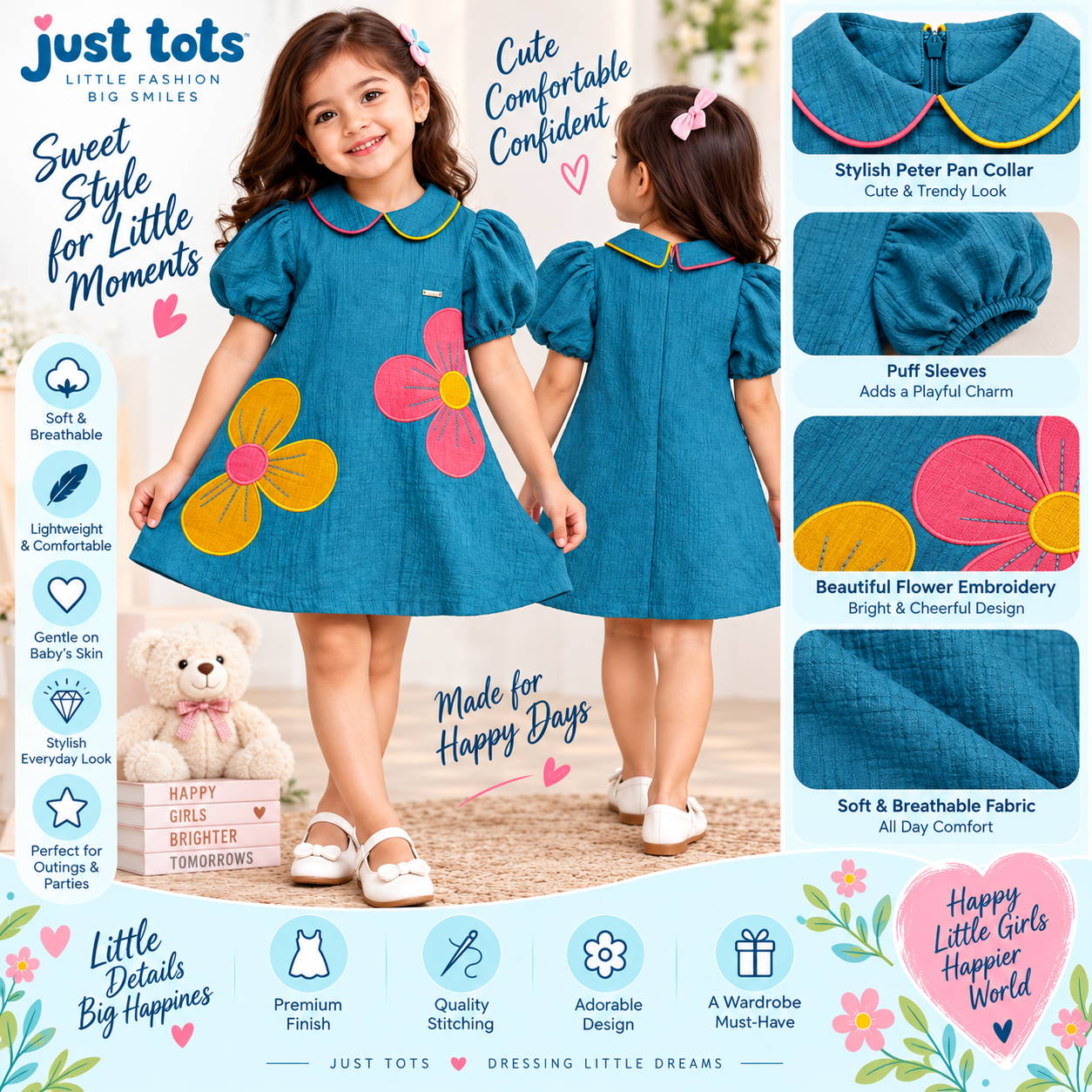 Just Tots girls blue floral frock with puff sleeves and Peter Pan collar 9 months to 4 years