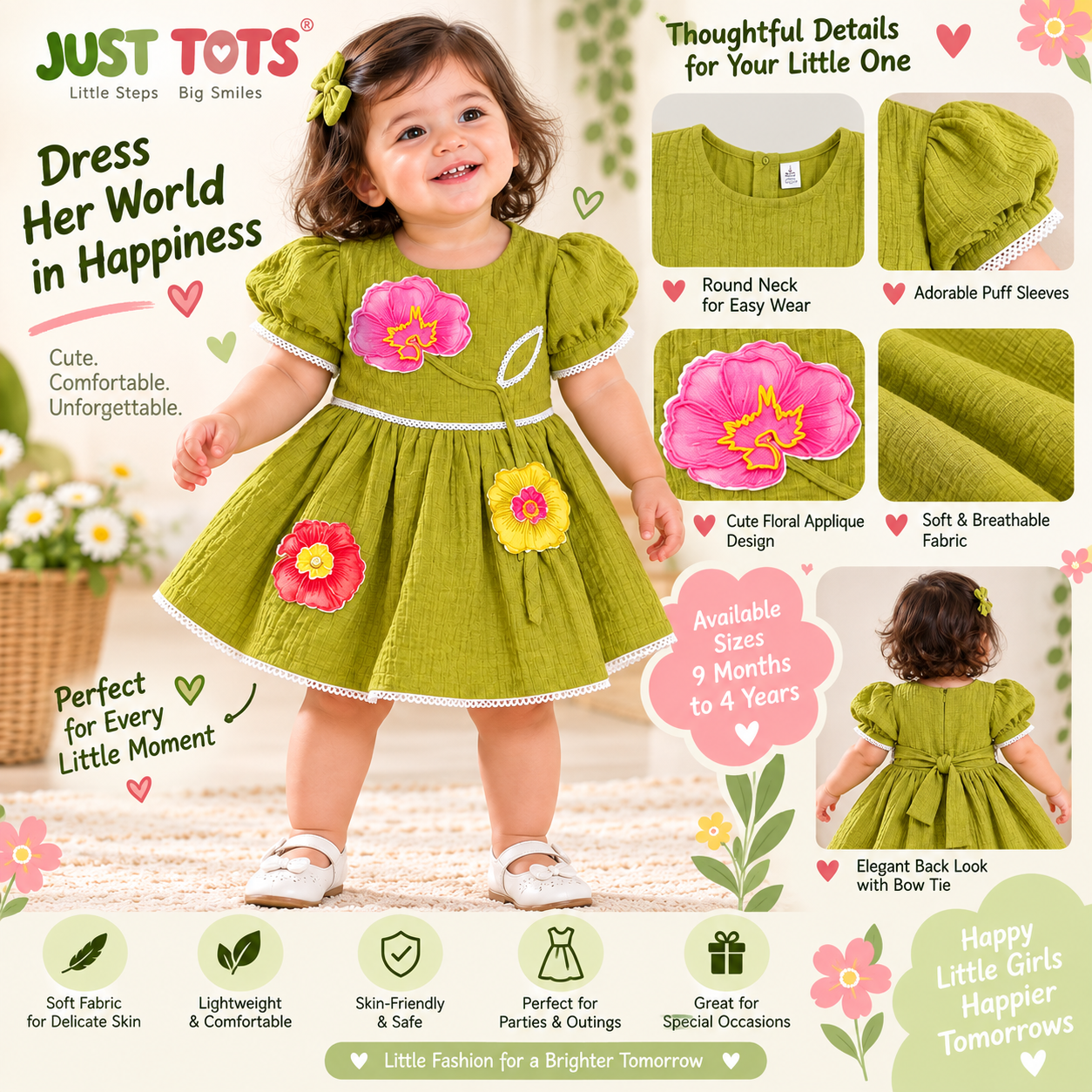 JUST TOTS green floral frock for girls with puff sleeves, lace detailing and flower appliqué, 9 months to 4 years