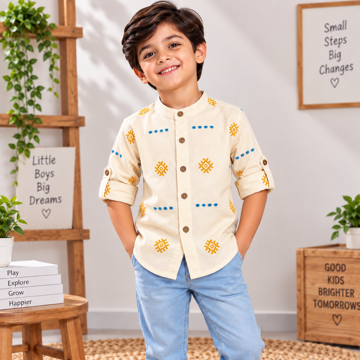 SMILE BABY boys cream embroidered shirt front view with Mandarin collar and roll-up sleeves