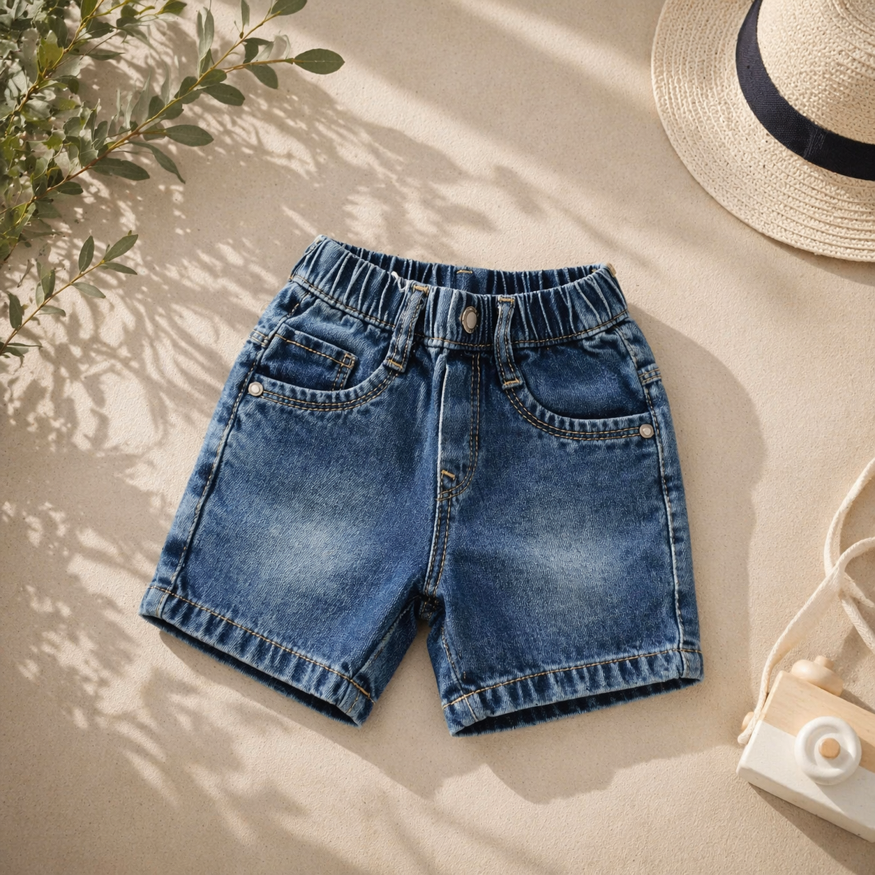Smile Baby Boys Denim Shorts with Sunny Day Patch – Elastic Waist Casual Shorts (9M-5Y) | Black, Khakhi, Light Blue, Ice