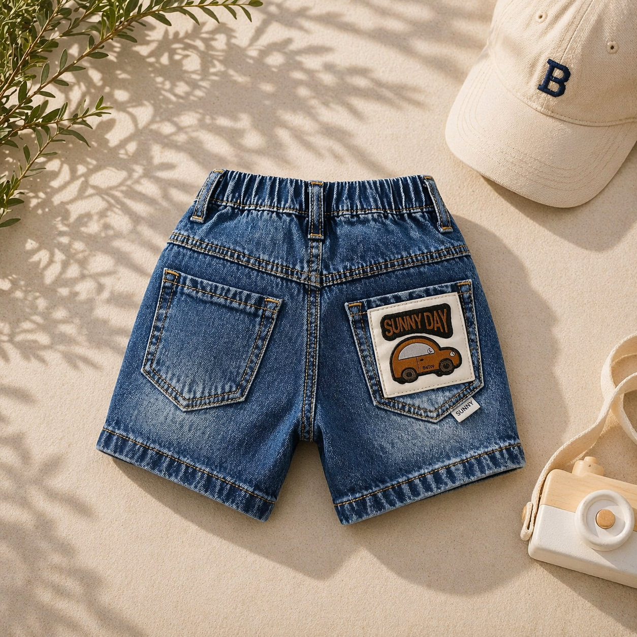 Smile Baby Boys Denim Shorts with Sunny Day Patch – Elastic Waist Casual Shorts (9M-5Y) | Black, Khakhi, Light Blue, Ice