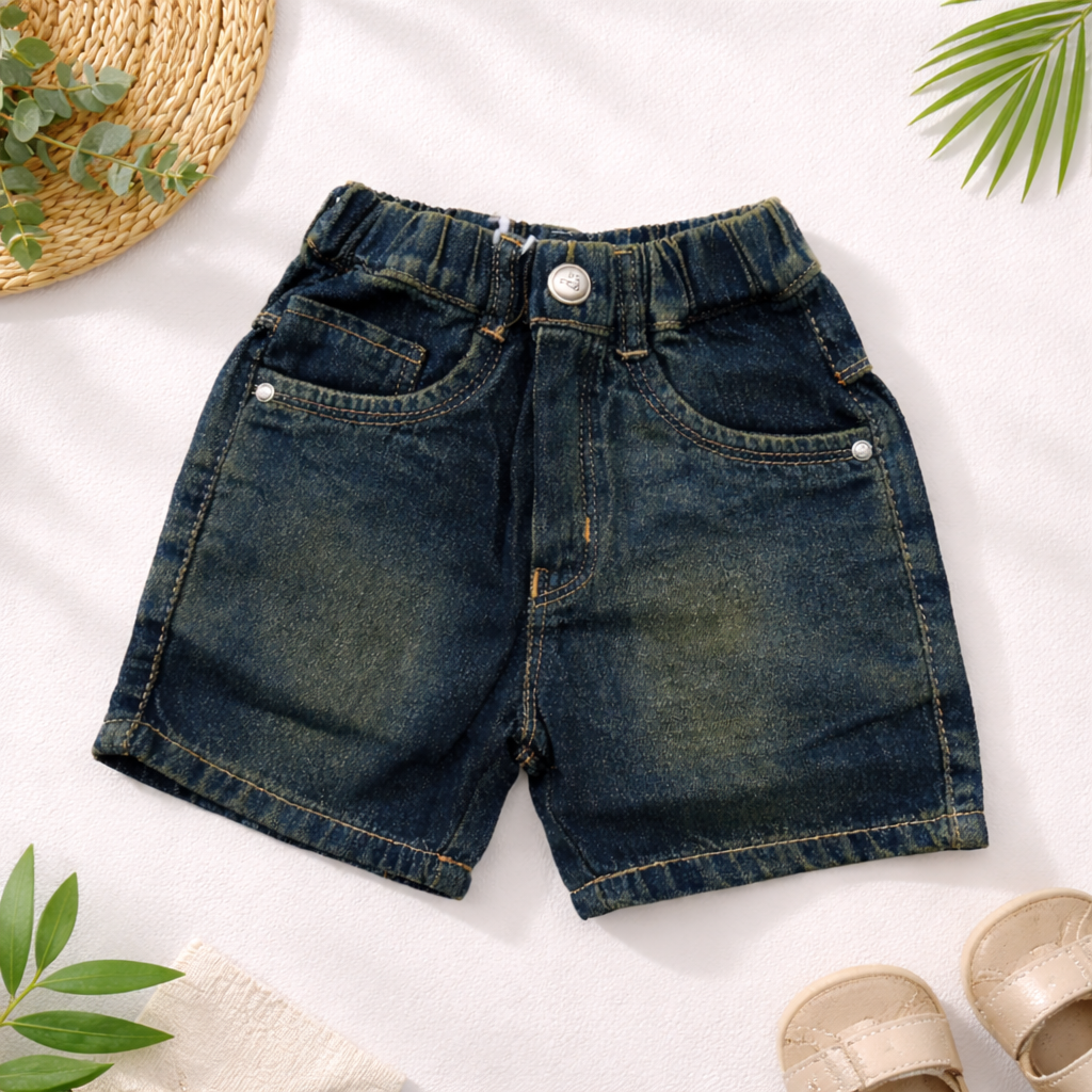 Smile Baby Boys Denim Shorts with Sunny Day Patch – Elastic Waist Casual Shorts (9M-5Y) | Black, Khakhi, Light Blue, Ice