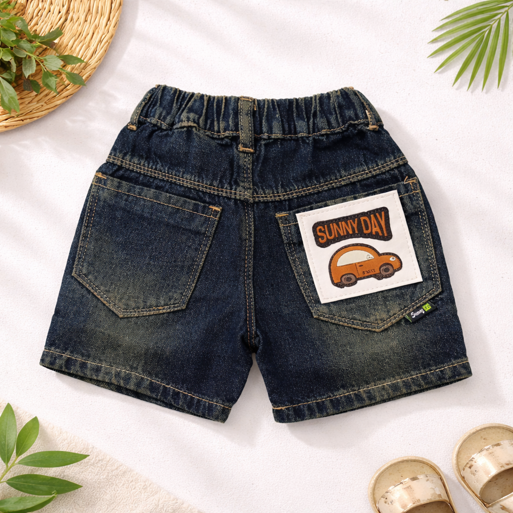 Smile Baby Boys Denim Shorts with Sunny Day Patch – Elastic Waist Casual Shorts (9M-5Y) | Black, Khakhi, Light Blue, Ice