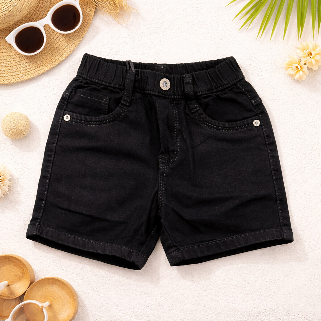 Smile Baby Boys Denim Shorts with Sunny Day Patch – Elastic Waist Casual Shorts (9M-5Y) | Black, Khakhi, Light Blue, Ice