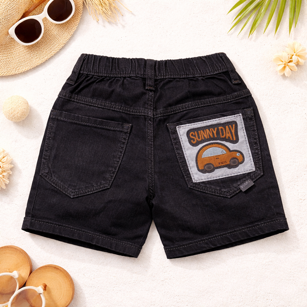 Smile Baby Boys Denim Shorts with Sunny Day Patch – Elastic Waist Casual Shorts (9M-5Y) | Black, Khakhi, Light Blue, Ice