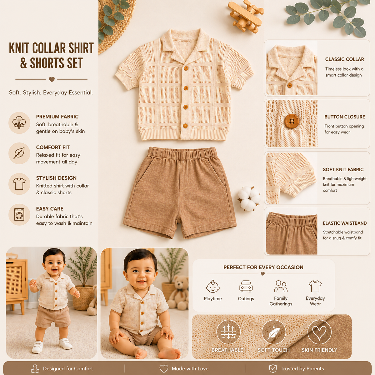 TOFFY HOUSE baby boy off white knit collar shirt and shorts set product infographic