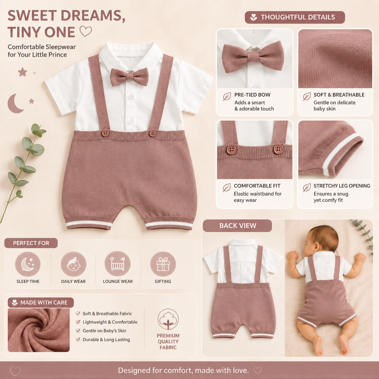 Toffy House baby boy onion romper set product infographic showing front and back views and fabric details