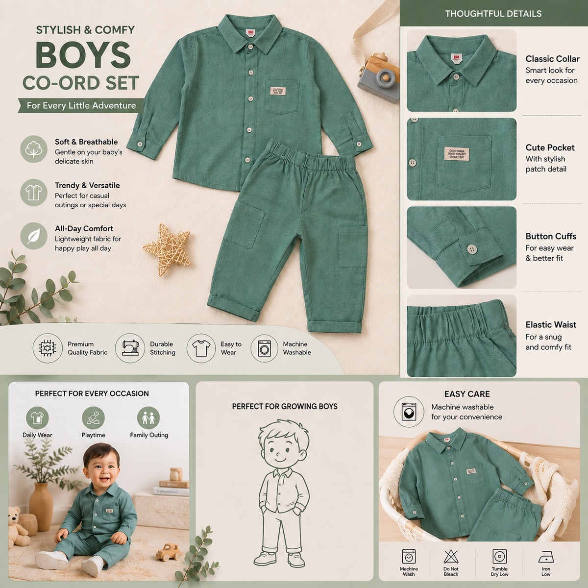 Toffy House Boys Green Co-Ord Set | Shirt & Pants Outfit | 9 Months to 3 Years