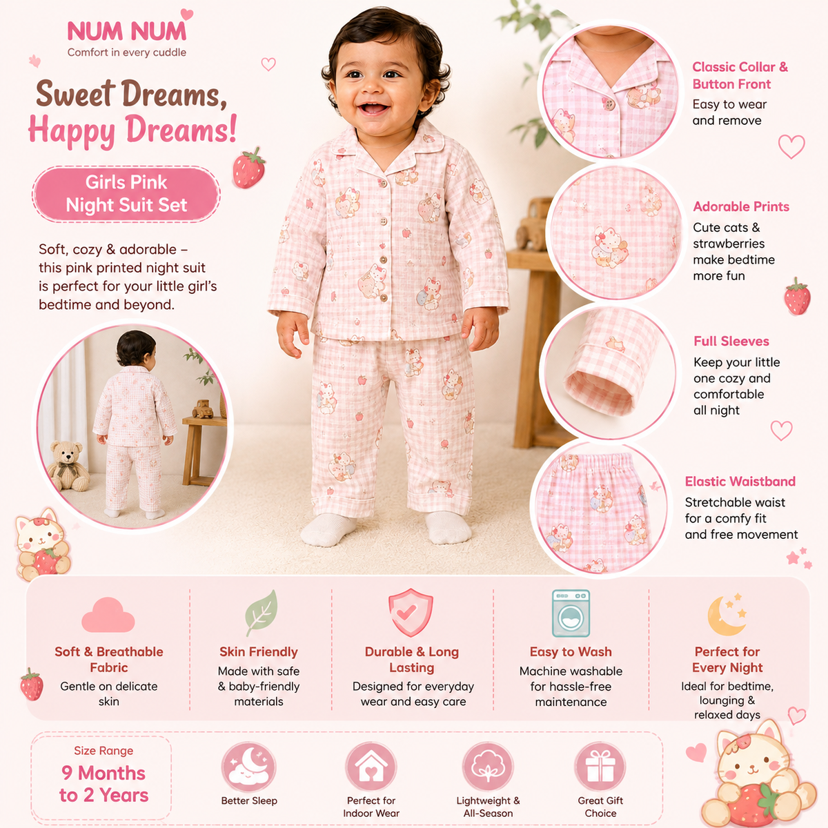 NUM NUM girls pink night suit set A+ content infographic featuring cute cat and strawberry print, full-sleeve button-front pajama set, sizes 9 months to 2 years
