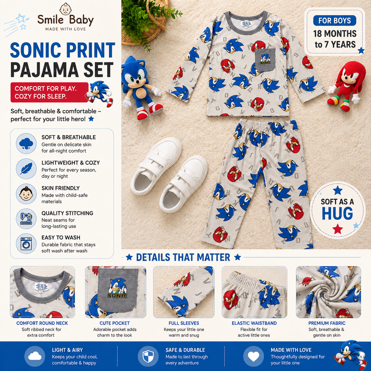 Smile Baby Sonic print boys pajama set showcasing soft fabric, round neck, full sleeves, elastic waistband and comfortable nightwear for boys aged 18 months to 7 years.