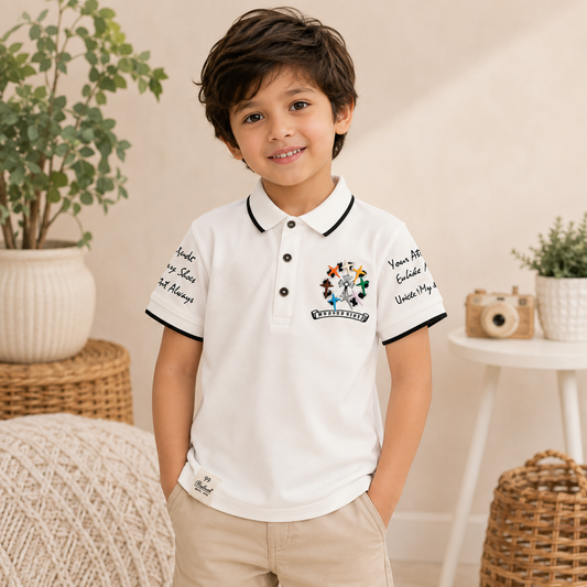99 Balloon white printed polo T-shirt for boys aged 4 to 12 years, front view with colorful graphic design and black contrast piping