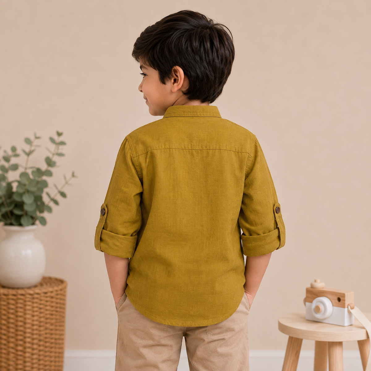 GUSTO mustard boys shirt back view showing collar and roll-up sleeves