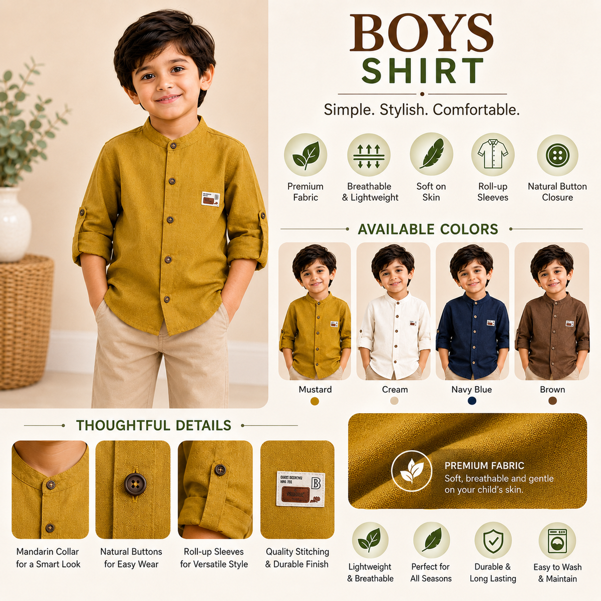 GUSTO mustard boys shirt infographic showing mandarin collar, natural buttons, roll-up sleeves and premium fabric features