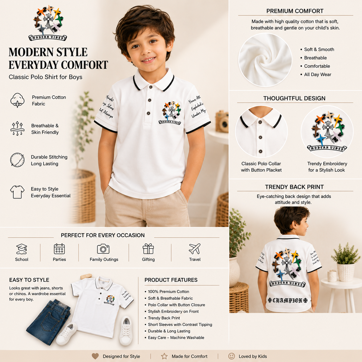 99 Balloon boys white printed polo T-shirt A+ content featuring front and back views, polo collar, colorful graphic design and product features