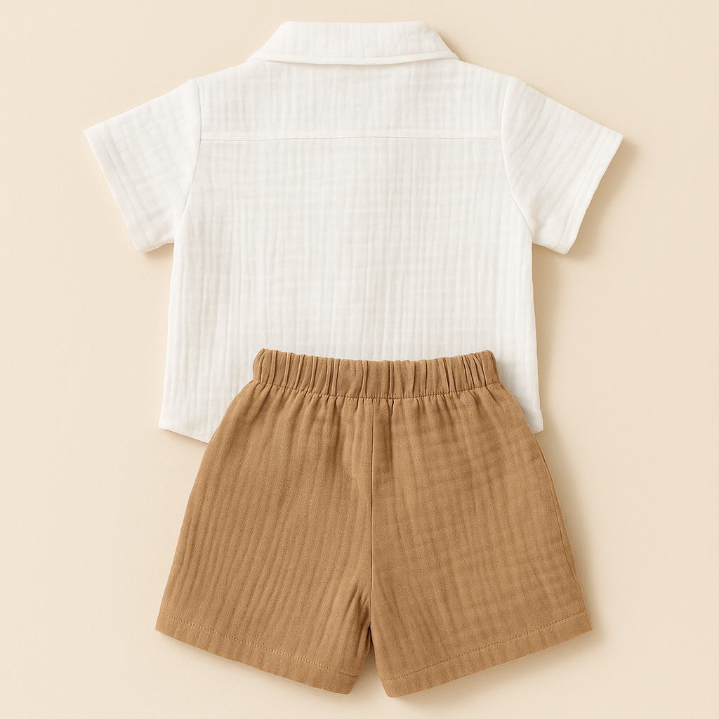 TOFFY HOUSE Boys’ Formal Bow Tie Shirt & Shorts Set – Beige Suspender Design | 0–9 Months