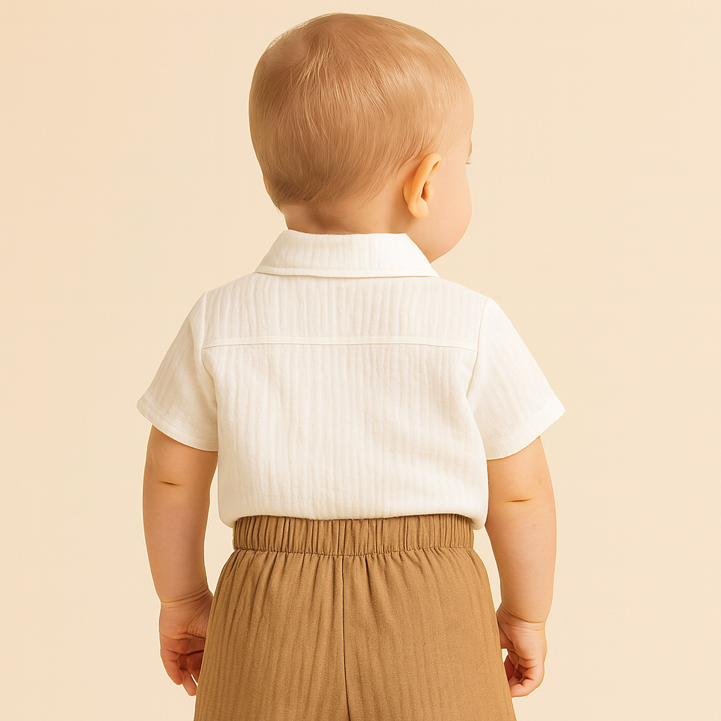 TOFFY HOUSE Boys’ Formal Bow Tie Shirt & Shorts Set – Beige Suspender Design | 0–9 Months