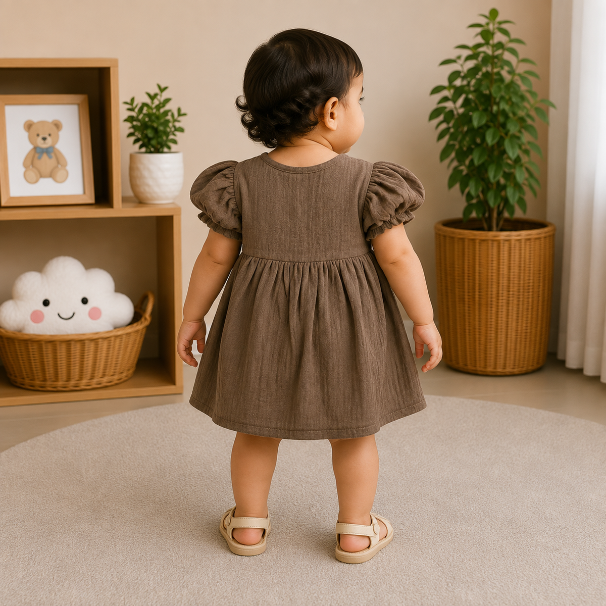 Back view of Smile Baby brown muslin cotton baby girl frock with puff sleeves for newborn to 3 years