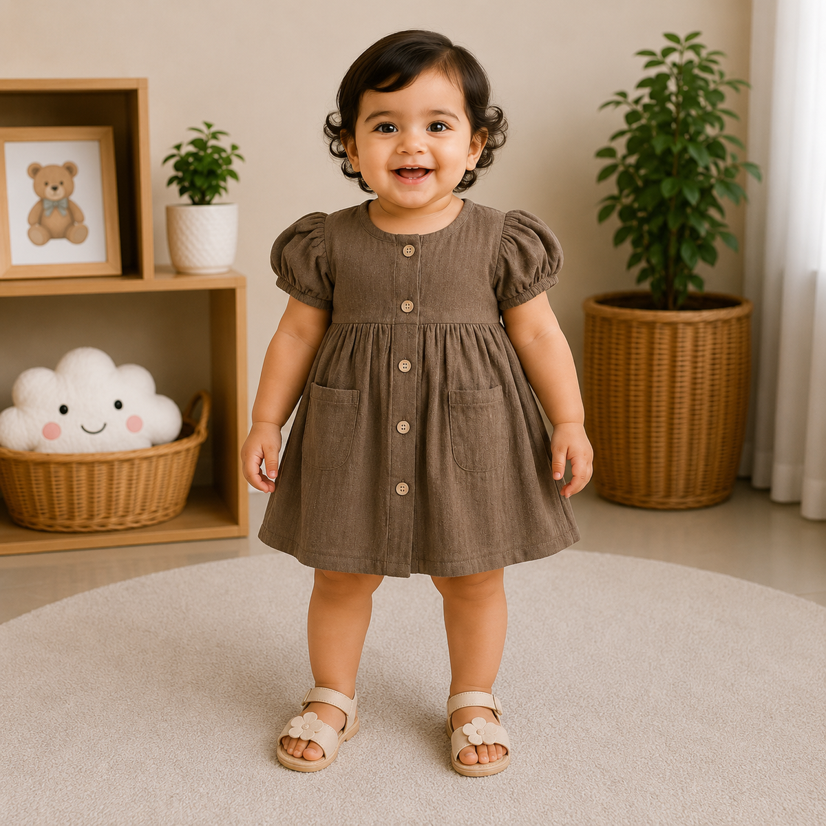 Smile Baby brown muslin cotton baby girl button-front frock with puff sleeves and pockets worn by toddler