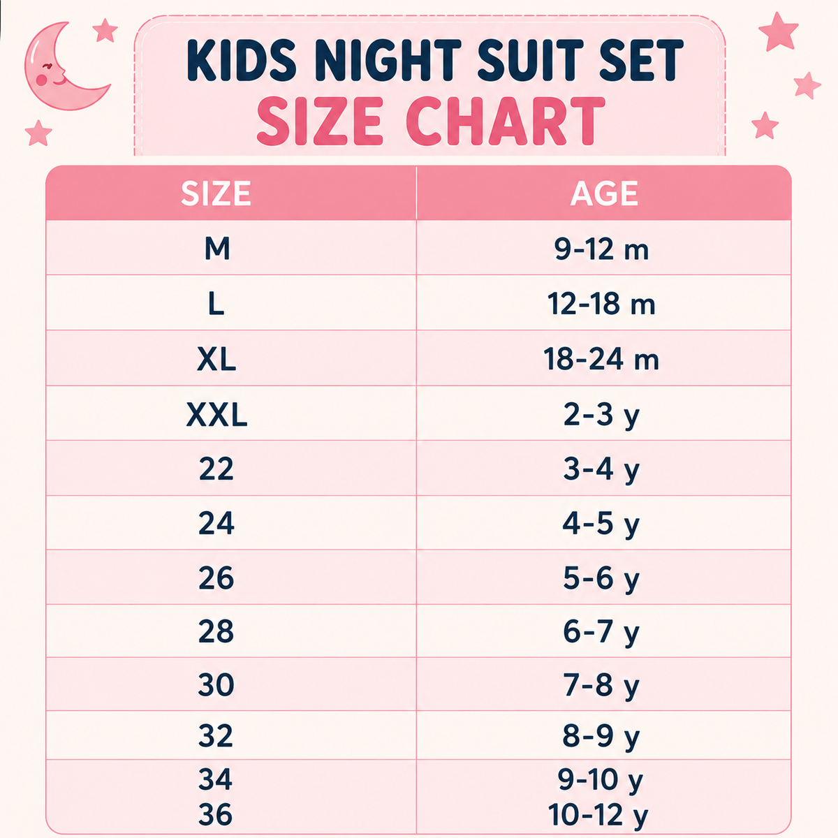 Smile Baby Kids Night Suit Size Chart | Sizes M to 36 | Suitable for 9-12 Months to 10-12 Years