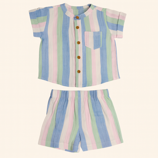 TOFFY HOUSE Muslin Cotton Shirt & Shorts Set – Pastel Stripes | Front Pocket | Wooden Buttons | 0–9 Months