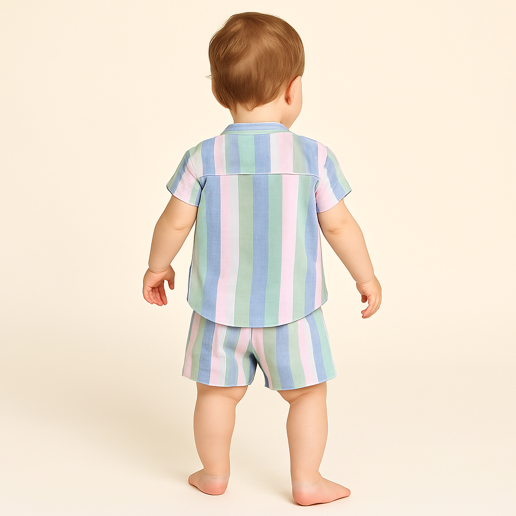 TOFFY HOUSE Muslin Cotton Shirt & Shorts Set – Pastel Stripes | Front Pocket | Wooden Buttons | 0–9 Months