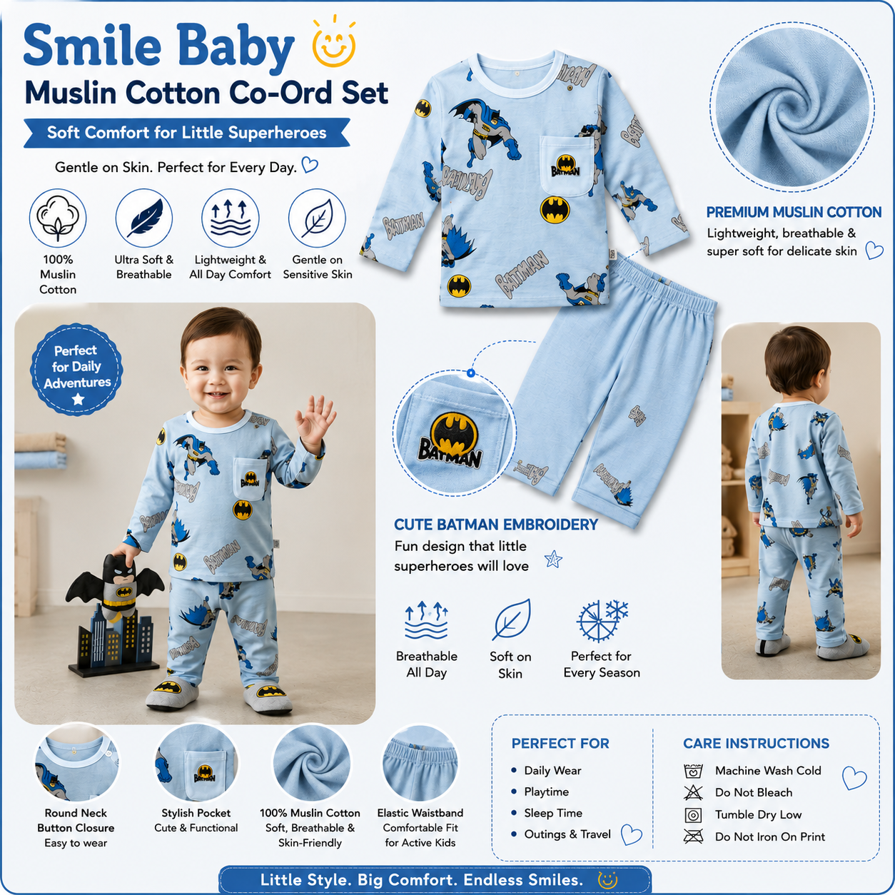 Smile Baby Batman Print Muslin Cotton Co-Ord Set for Baby Boys & Girls | Soft Full Sleeve Night Suit | Premium Blue Cotton Outfit | Front & Back View Infographic