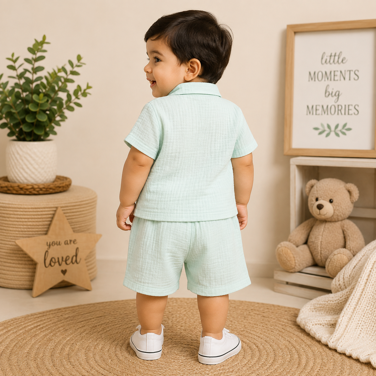 Smile Baby baby boy P. green shirt and shorts set back view