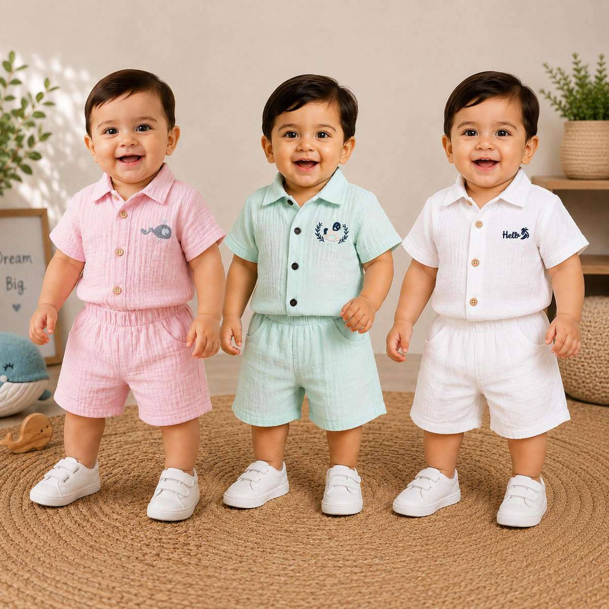 Baby boys wearing pink, mint green and white shirt and shorts sets in a studio photoshoot.