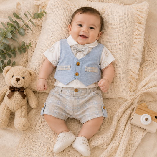 TOFFY HOUSE baby boy wearing white printed shirt with attached light blue front coat, bow tie and light grey check shorts, NB to 9 months