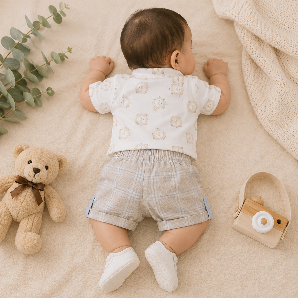 TOFFY HOUSE baby boy wearing light grey printed shirt and matching check shorts, back view, NB to 9 months