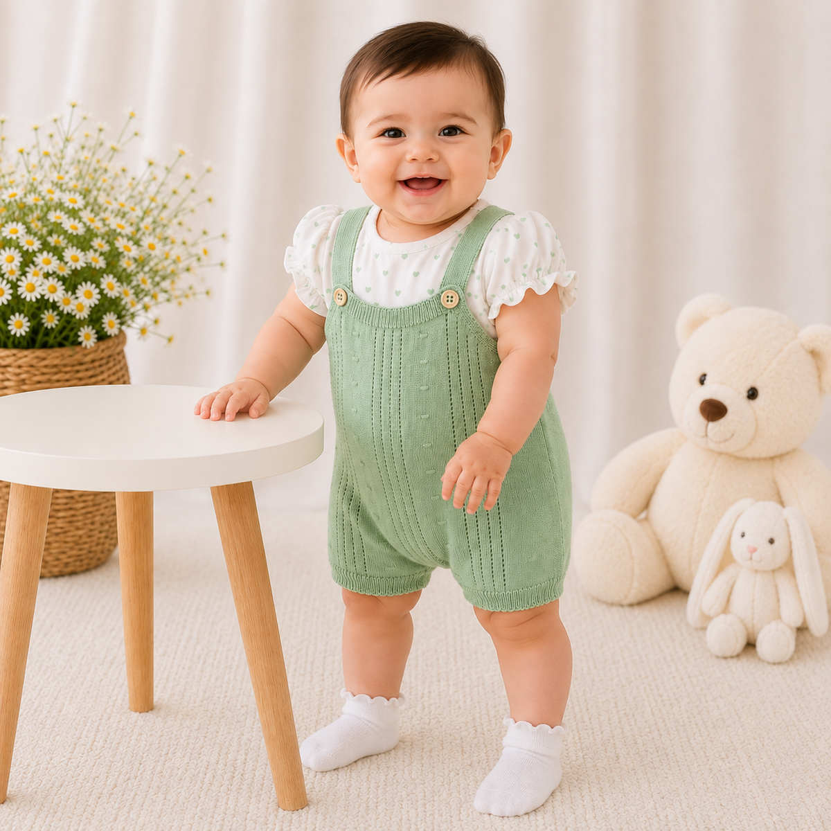Baby girl wearing pista green knitted romper front view, Smile Baby baby clothing