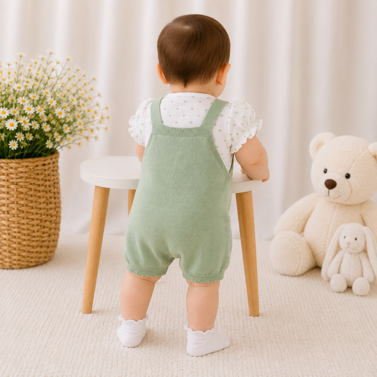 Baby girl wearing pista green knitted romper back view, Smile Baby outfit
