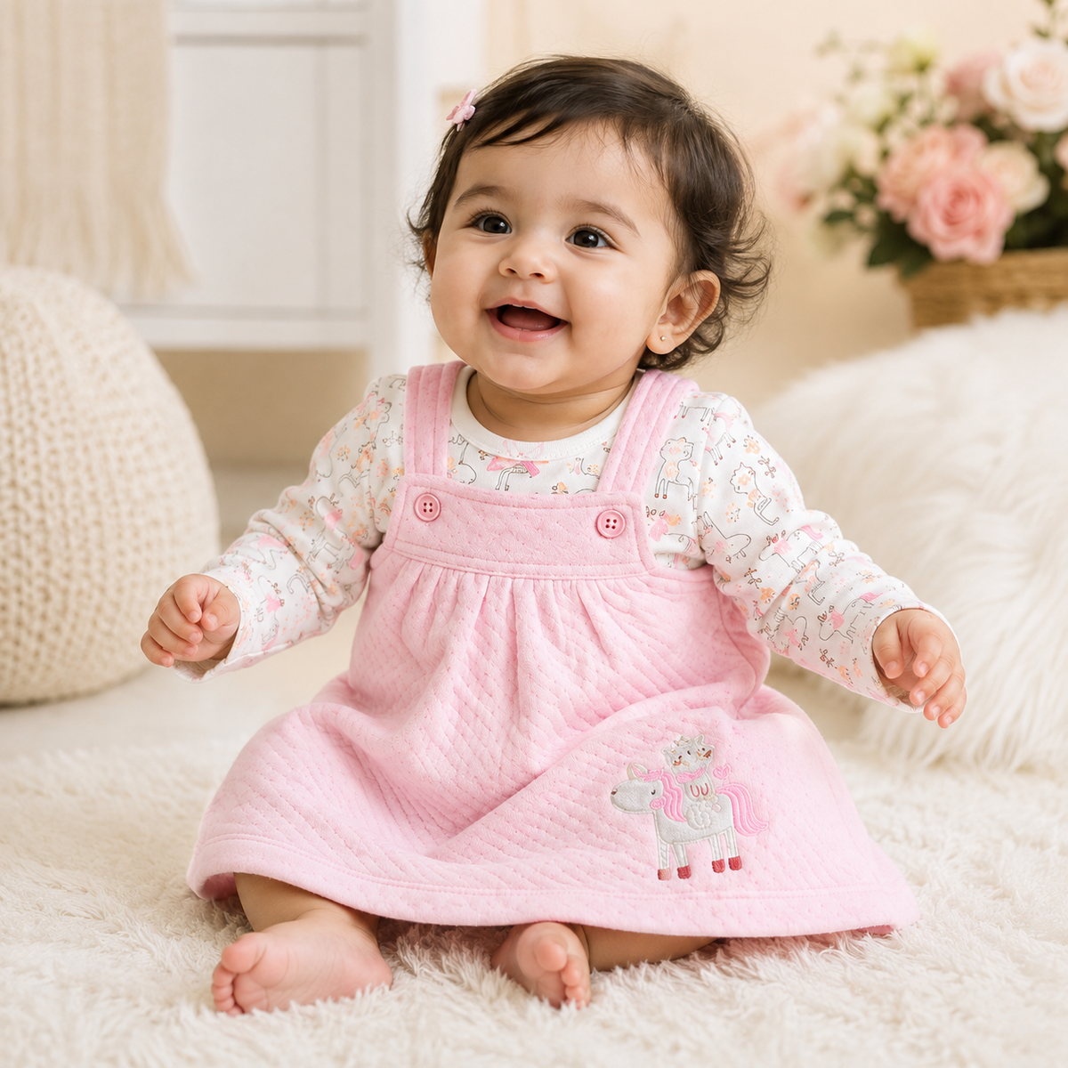 TOFFY HOUSE baby girl wearing pink unicorn embroidered dress set front view