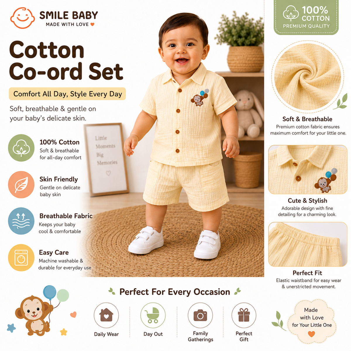 Smile Baby yellow baby boy muslin co-ord set infographic featuring soft breathable fabric, skin-friendly comfort, cute embroidery, easy-care design and perfect fit