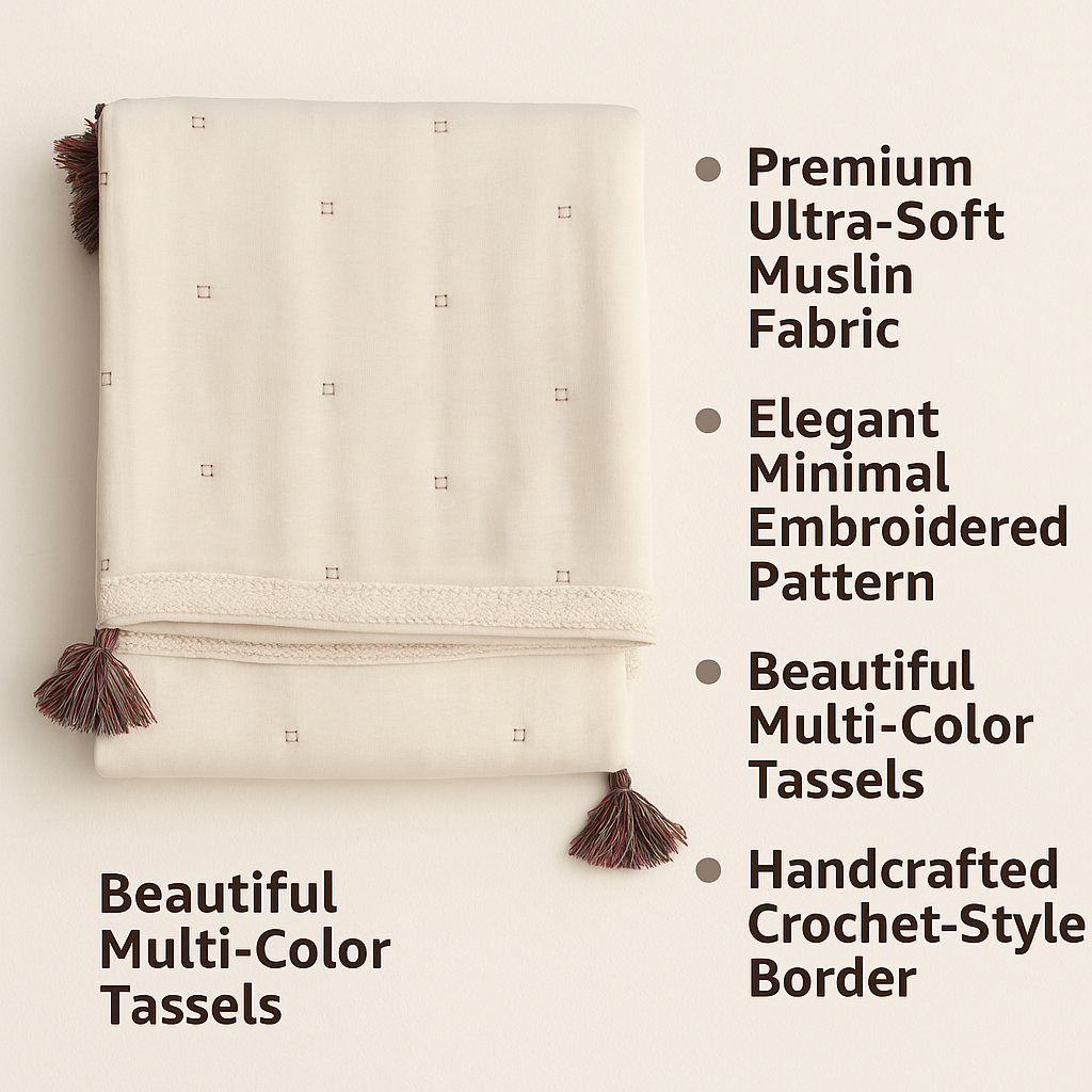 Neutral Muslin Baby BLANKET with Tassels – 100% Cotton