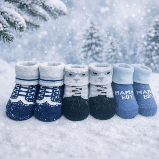 Baby Boys Winter Socks Set (Pack of 3 Pairs) | Soft Warm Anti-Slip Socks for Newborns & Infants | Cute Printed Socks for Boys (0–12 Months)