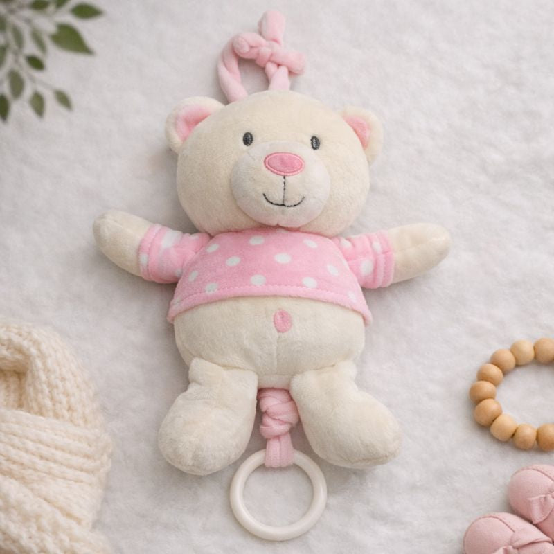 Soft Plush Teddy Musical Pull Toy for Babies | Pull Ring Plays Music | Hanging Rattle with Teether | Newborn & Infant (0–12 Months)