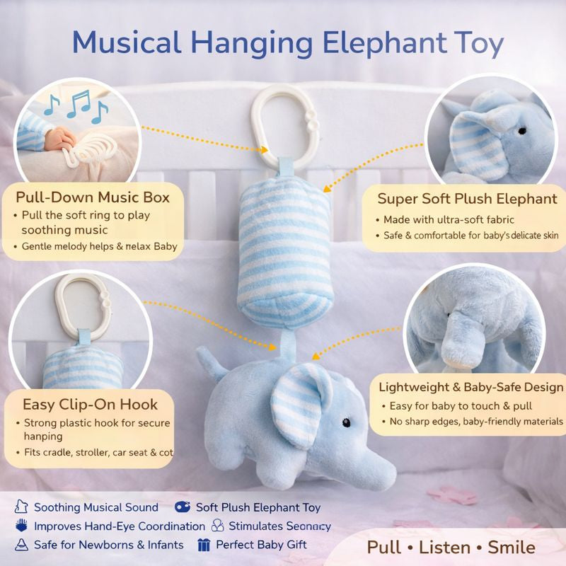 Elephant Hanging Plush Toy for Babies | Soft Crib & Stroller Hanging Toy | Nursery Toy for Newborn & Infant (0–12 Months) | White / Blue / Pink