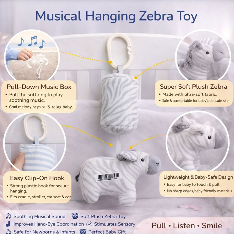Zebra Musical Hanging Toy for Babies | Soft Plush Crib & Stroller Toy | Newborn & Infant (0–12 Months)