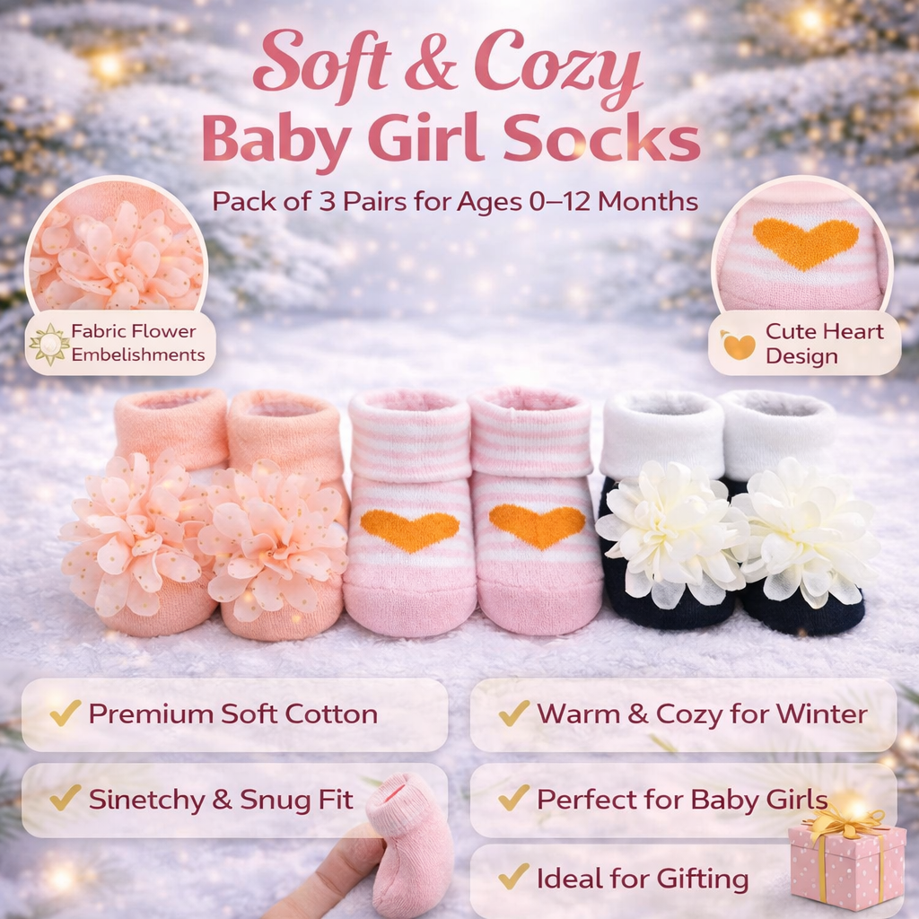 Baby Girl Cotton Socks Set | Soft & Warm Winter Socks with Flower & Heart Designs | 0–12 Months | Pack of 3 Pairs