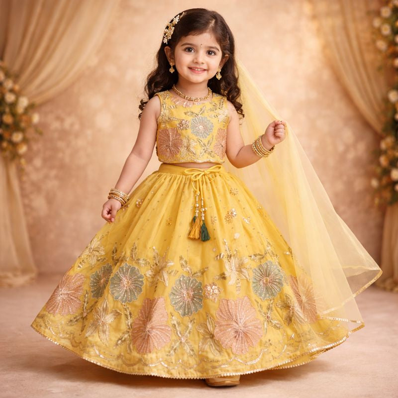 SPARKLE Girls Sharara Set with Embroidered Top & Net Dupatta | Festive Wear for Girls (12 Months – 9 Years)