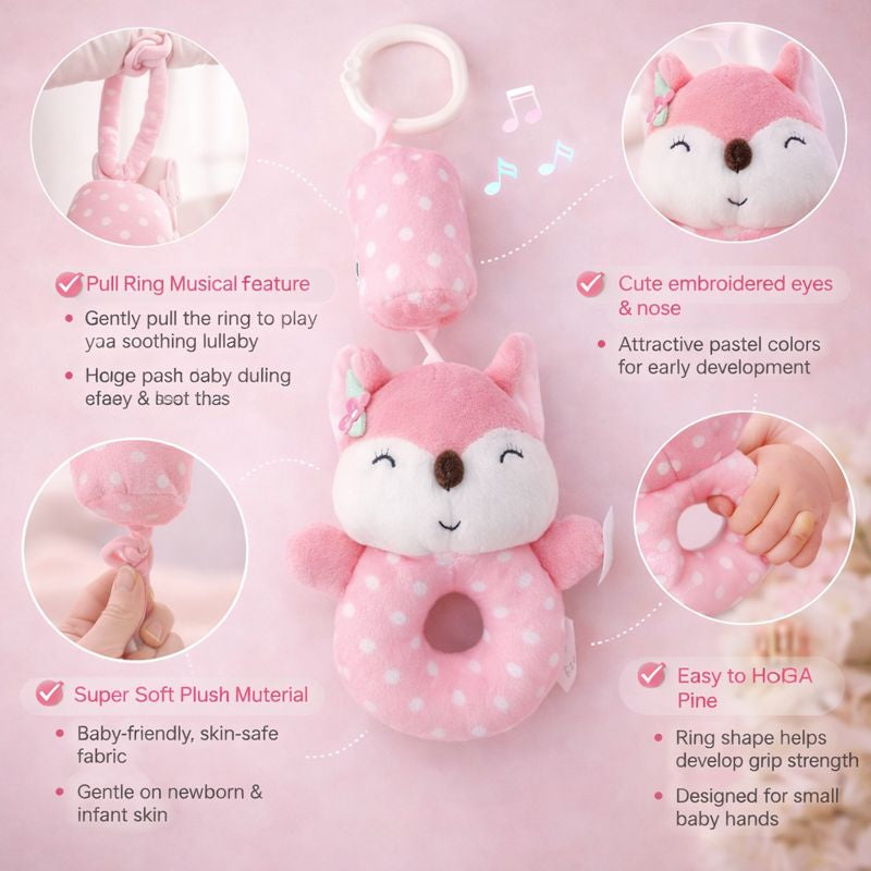 Plush Fox Musical Hanging Toy for Baby Crib – Soft Lullaby Nursery Toy (Pink)