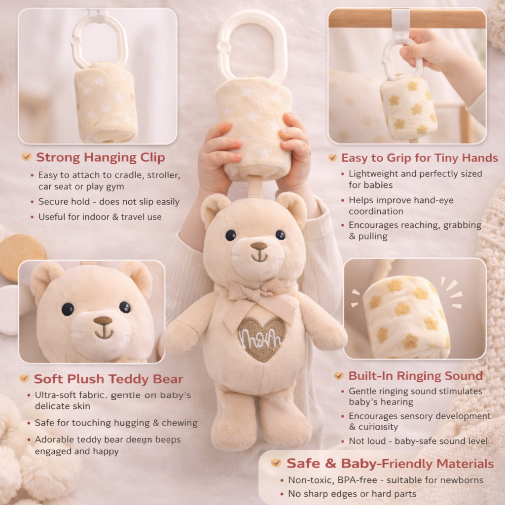 Plush Teddy Bear Musical Hanging Toy for Baby Crib – Soft Lullaby Nursery Toy (Beige)