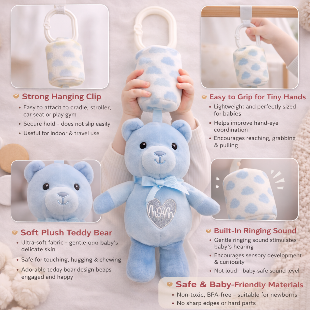 Plush Teddy Bear Musical Hanging Toy for Baby Crib – Soft Lullaby Nursery Toy (Blue)