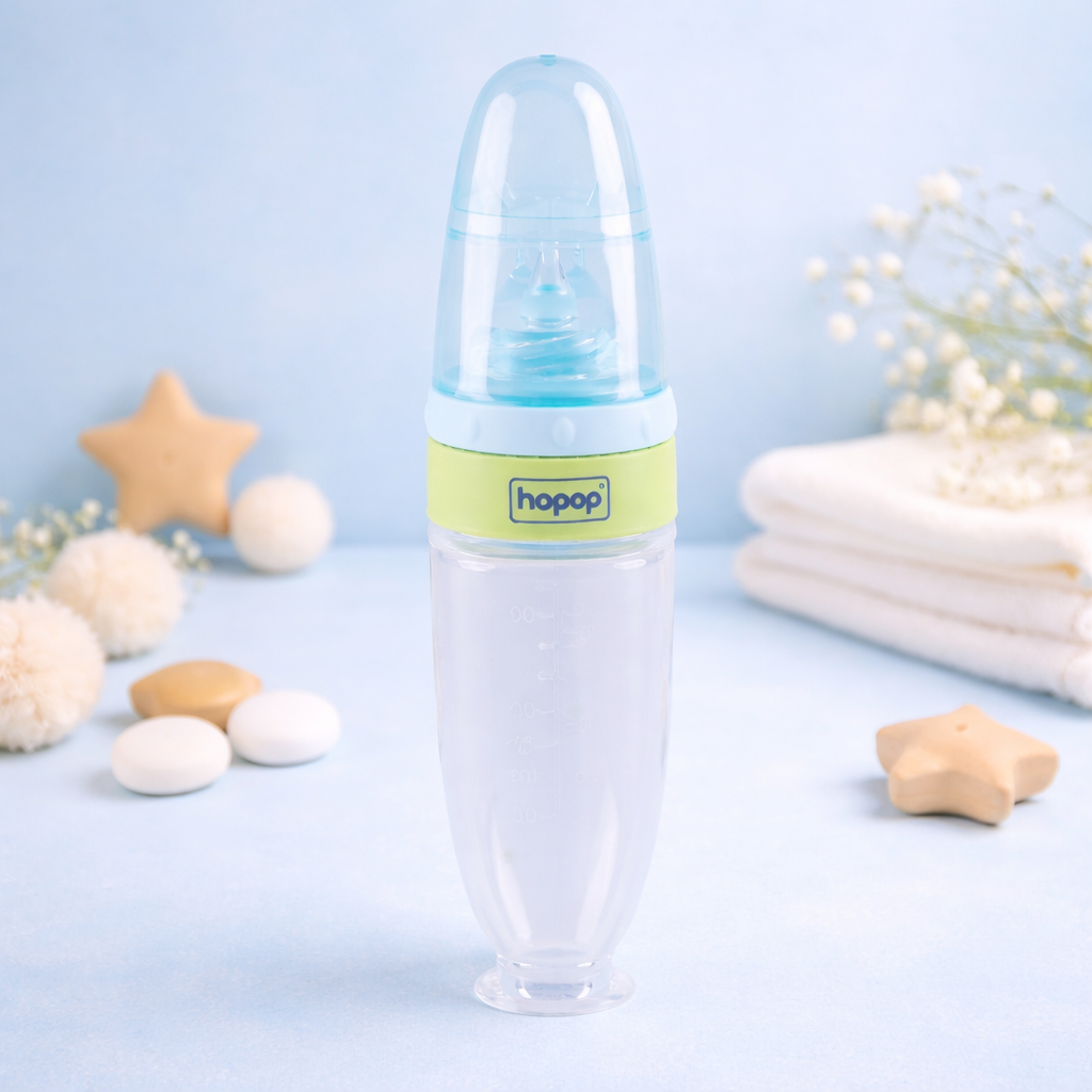 Hopop Baby Spoon Food Feeder | Soft Squeezy Silicone Tip Spoon Food Feeder for Feeding Semi Solids | Spoon Feeder with Protective Cap for Babies 4 to 12 Months | BPA Free | 90 ml | GREEN