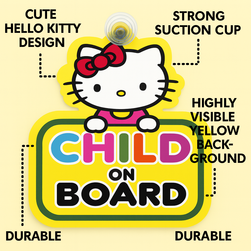 Hello Kitty Baby/Child On Board Car Sign – Bright, Cute Safety Sign for Car Windows with Suction Cup