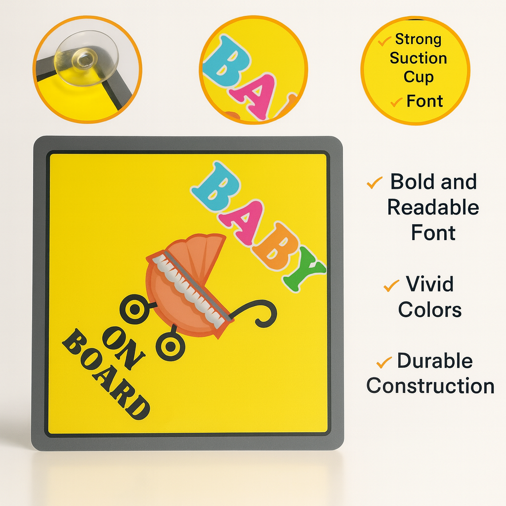 Baby/Child On Board Car Sign – Bright Yellow Safety Sign with Cute Stroller Design & Suction Cup