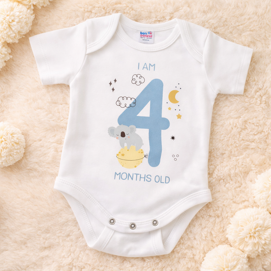 BEN BENNY Baby Milestone Bodysuit – “I Am 4 Months Old” Cute Koala Print | Soft Cotton Onesie | Size M